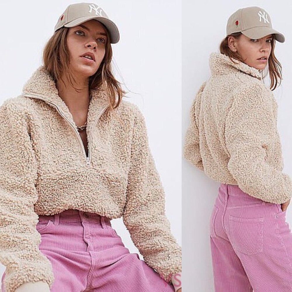 New! For Love and Lemons Tan Sherpa Fleece 1/4 Zip Pullover nbnn